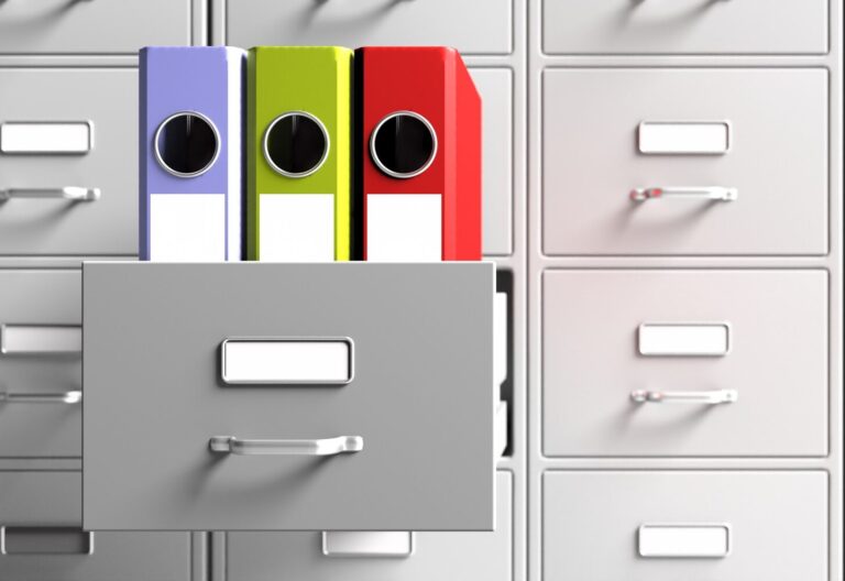Office document binders in a filing cabinet drawer. 3d illustration