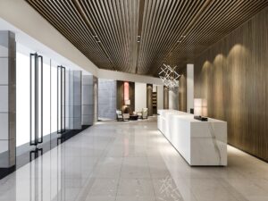 luxury hotel reception hall and wood asian style office with modern counter