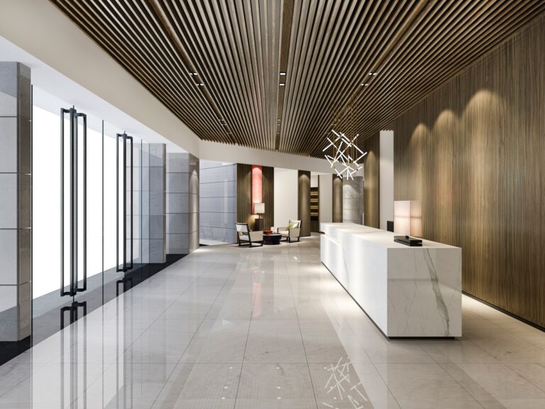 luxury hotel reception hall and wood asian style office with modern counter